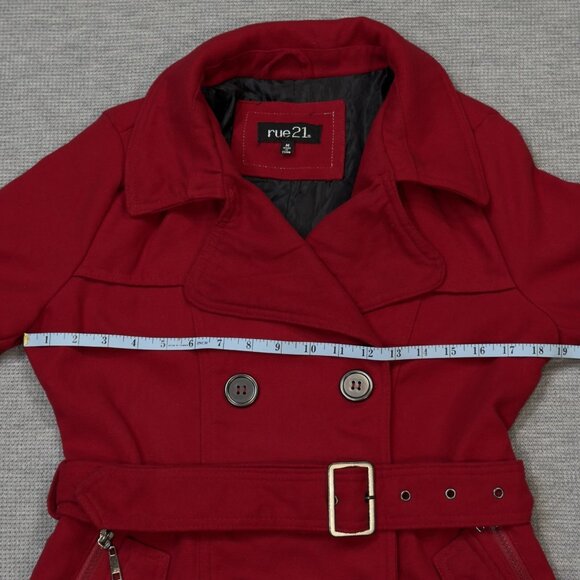 Rue 21 Womens Red Pea Coat Double Breasted Long Sleeve Belted Zip Pockets Size M - Picture 11 of 16